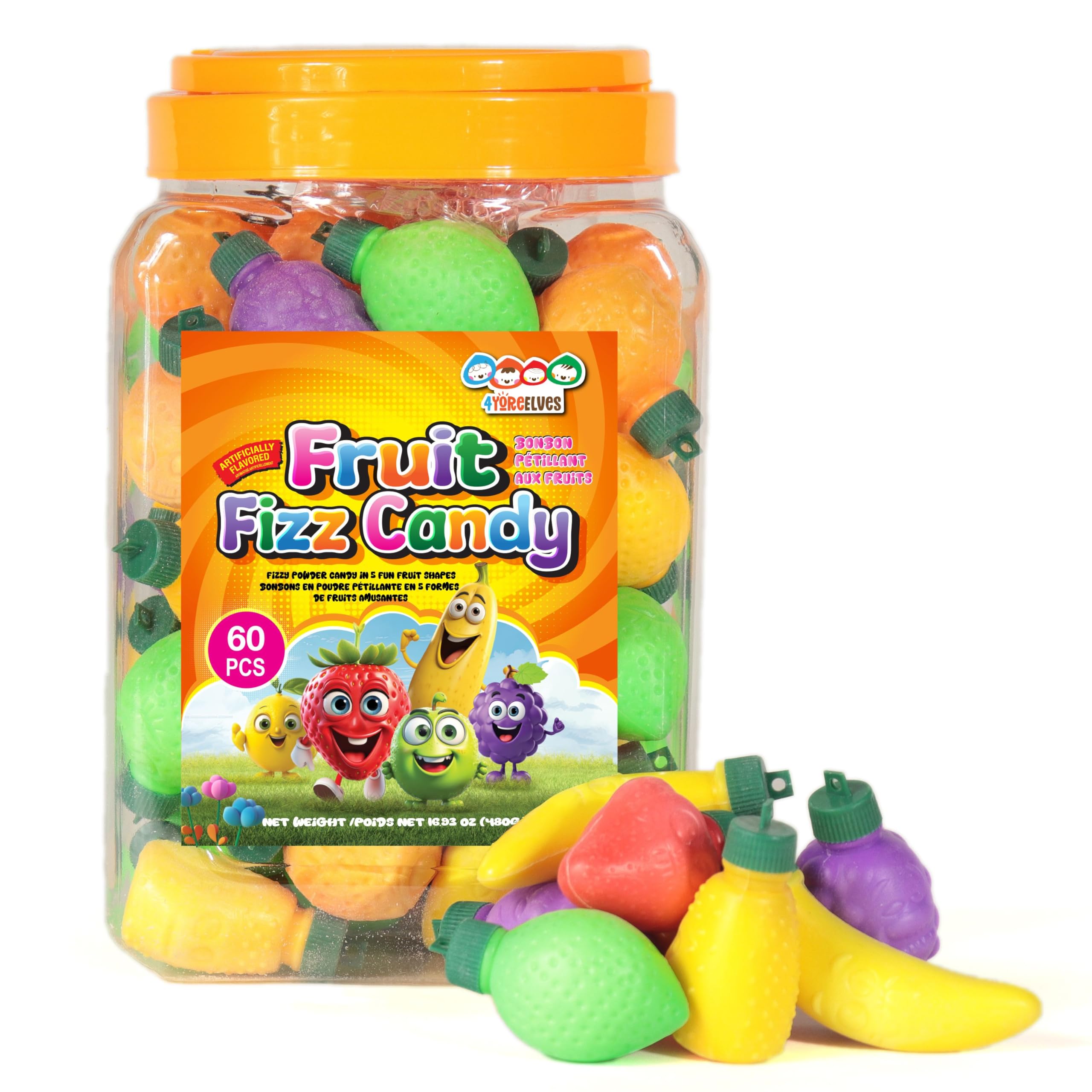 果物 candy candy 60 Fruit Shaped Fizzy Candy Powder, With Hanging Hole Caps for